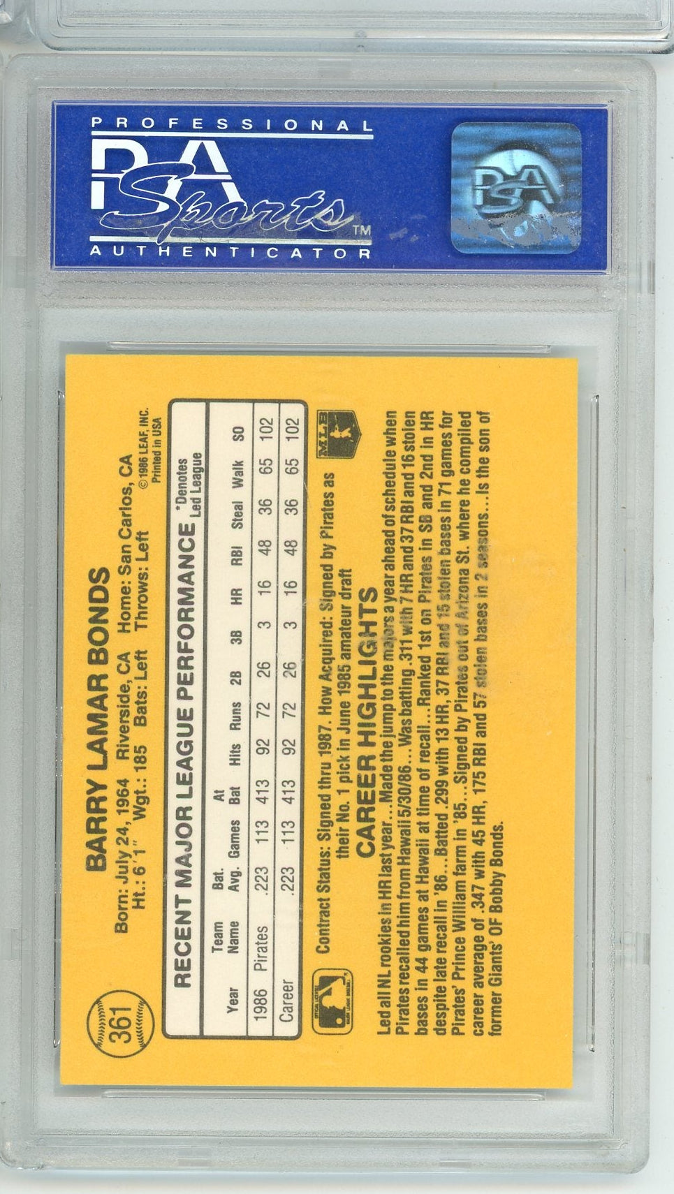 Barry Bonds 1987 Donruss #361 PSA 9