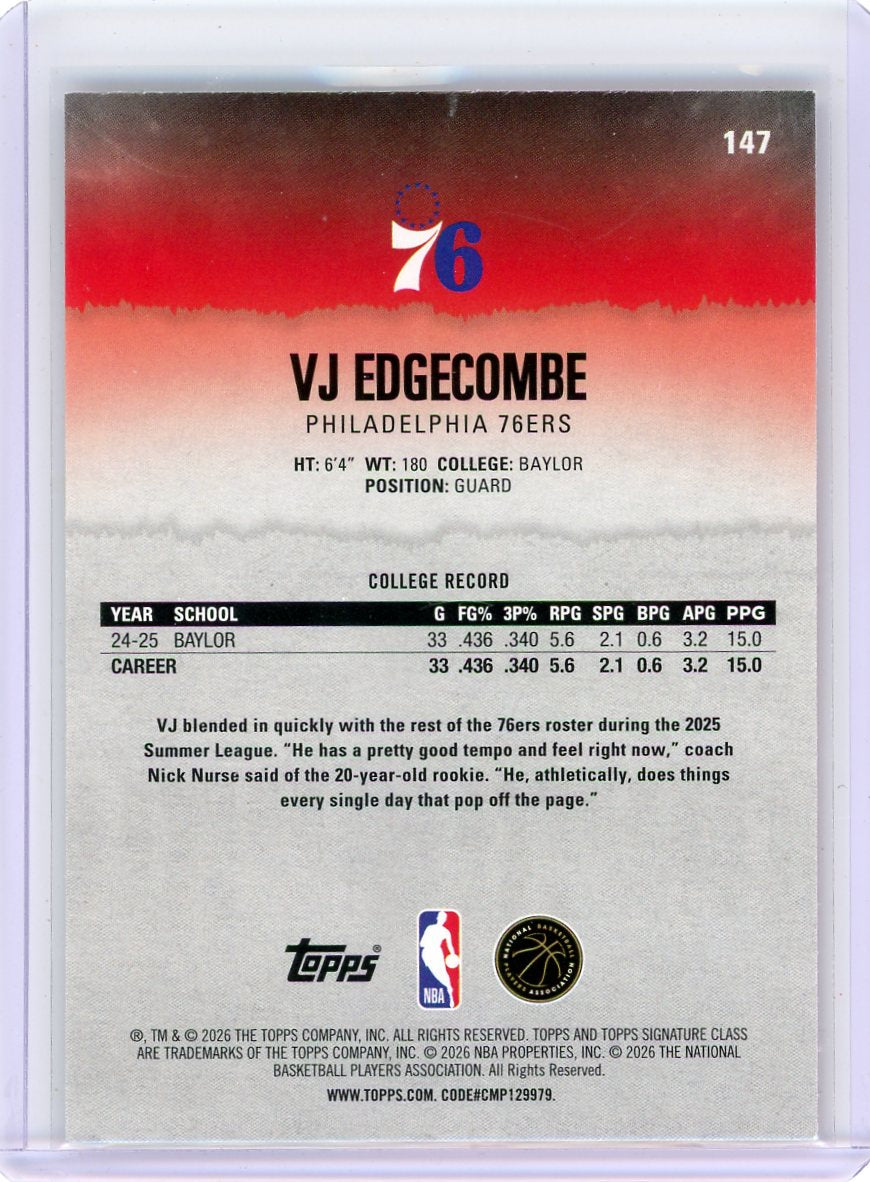 VJ Edgecombe 2025-26 Topps Signature Class Coral #'d 105/299