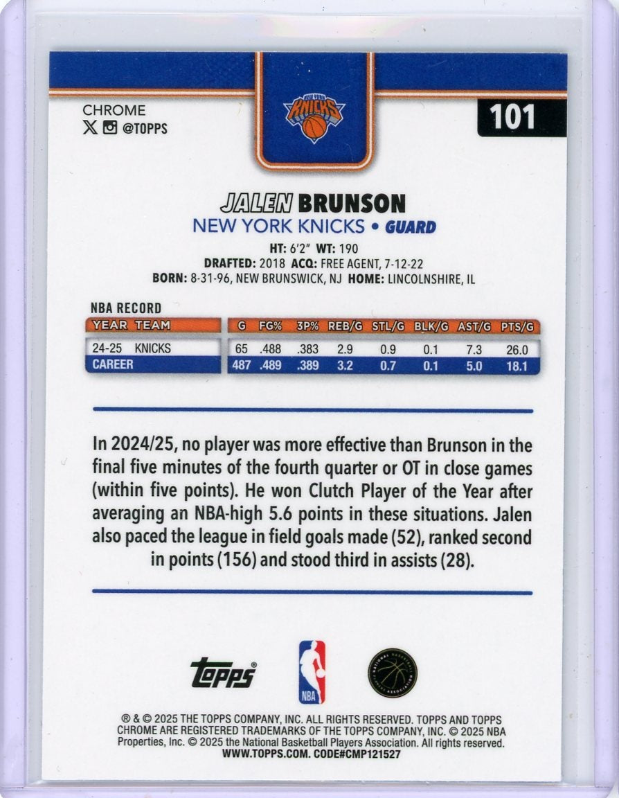 Jalen Brunson 2025-26 Topps Chrome Aqua Refractor #'d 150/299