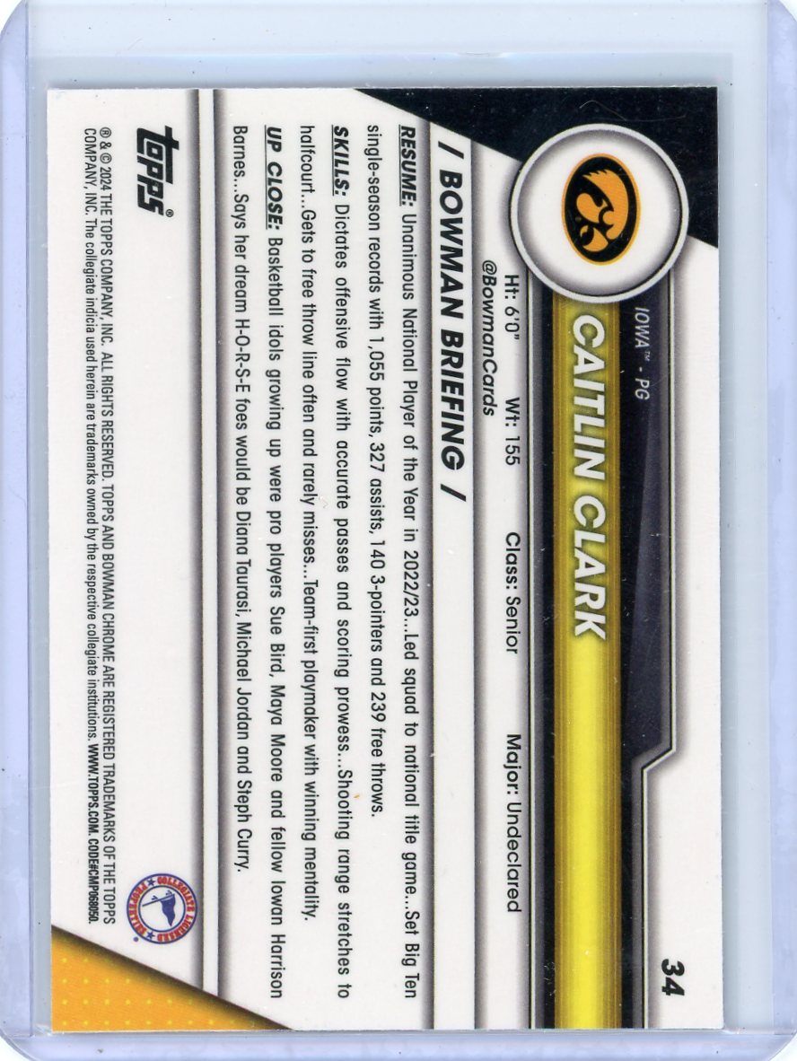 Caitlin Clark 2024 Bowman Chrome U Pink Refractor