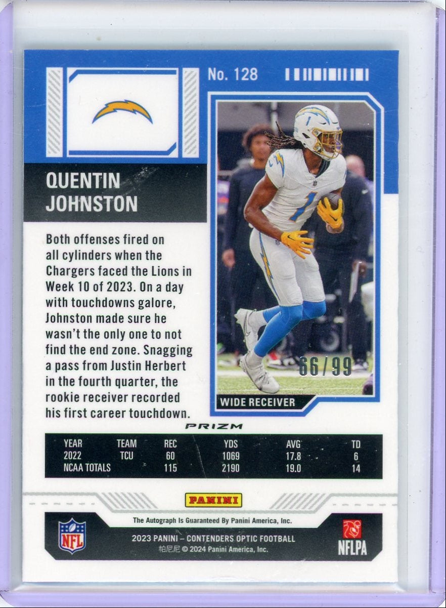 Quentin Johnston 2023 Panini Contenders Optic autograph rookie ticket light blue prizm #'d 66/99