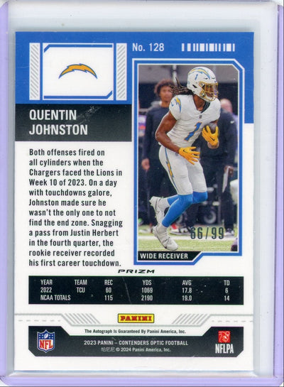 Quentin Johnston 2023 Panini Contenders Optic autograph rookie ticket light blue prizm #'d 66/99