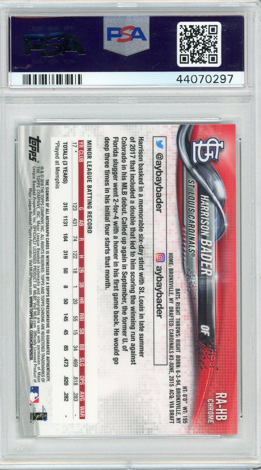 Harrison Bader 2018 Topps Chrome Rookie Autograph PSA 10
