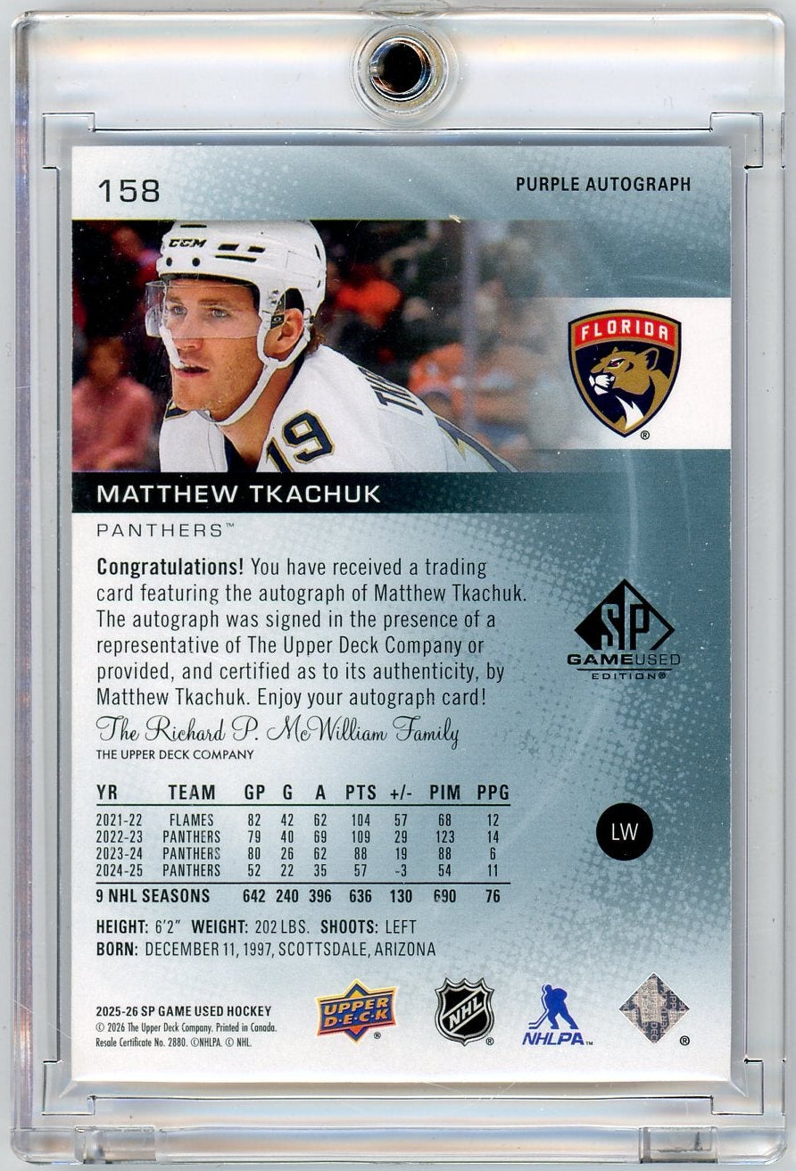 Matthew Tkachuk 2025-26 Upper Deck SP Game Used Purple Auto #'d 2/5