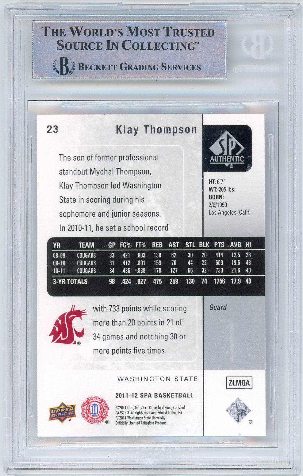 Klay Thompson 2011-12 Upper Deck SP Authentic BGS Authentic Auto