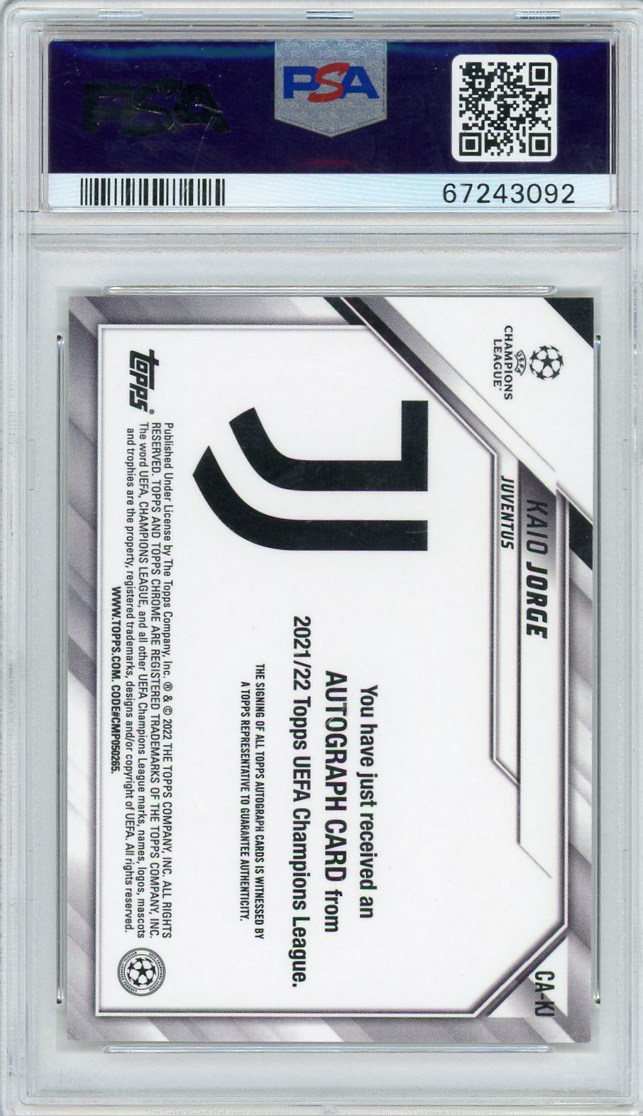 Kaio Jorge 2021-22 Topps Chrome UEFA Champions League Gold Lava Refractor Auto PSA 10