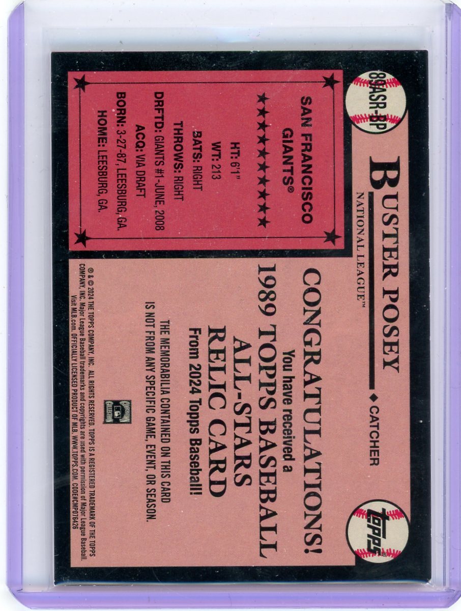 Buster Posey 2024 Topps Series One 1989 35th Anniversary Bat Relic Red #'d 02/25