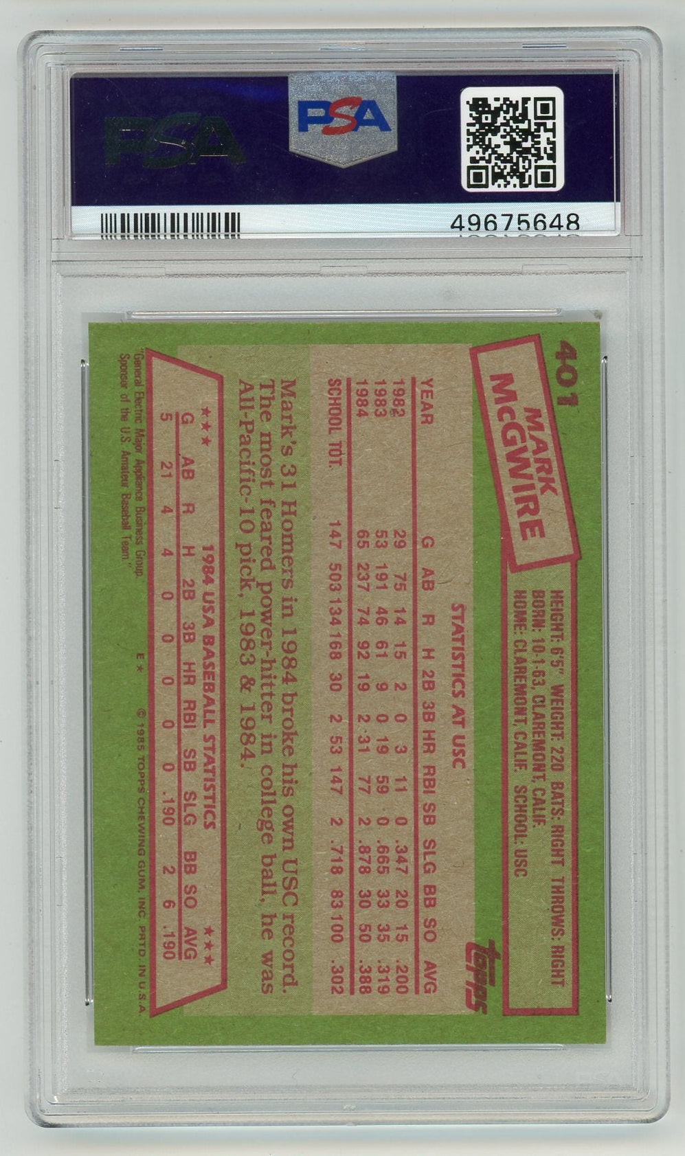 Mark McGwire 1985 Topps Team USA PSA 7