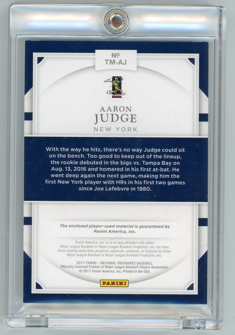Aaron Judge 2017 Panini National Treasures Treasure Materials Button #'d 5/6
