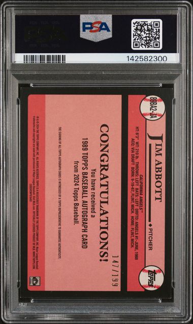 Jim Abbott 2024 Topps Update Series 1989 35th Anniversary Auto Black #'d 147/199 PSA 8
