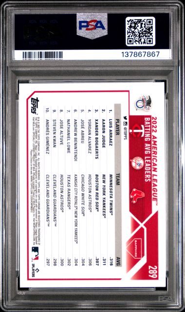 L. Arraez, A. Judge, X. Bogaerts 2023 Topps Sapphire Orange Ice #d 8/25 PSA 9