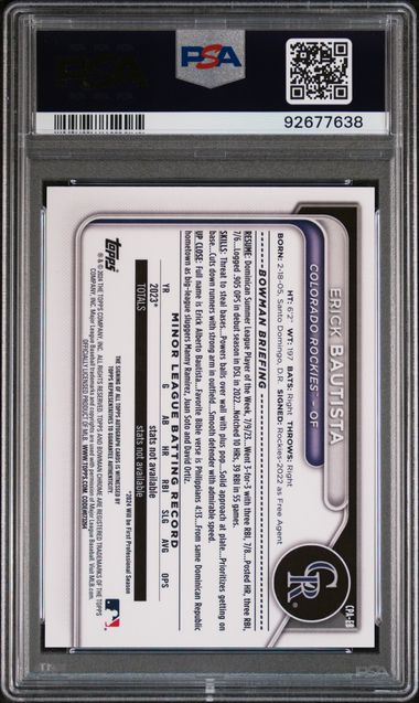 Erick Bautista 2024 1st Bowman Chrome autograph purple ref. #'d 093/250 PSA 10