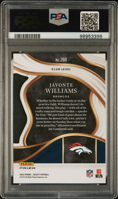 Javonte Williams 2023 Panini Select Die-Cut Club Level Zebra Prizm PSA 9