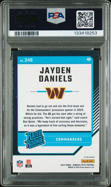 Jayden Daniels 2024 Panini Purple Shock Prizm RC PSA 9