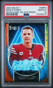 Brock Purdy 2023 Panini Select Neon Icons-Tie Dye Prizm #'d 18/25 PSA 10