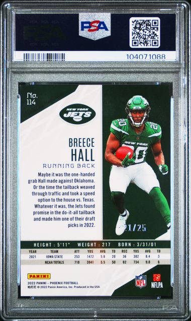 Breece Hall 2022 Panini Phoenix Green Lazer Rookie #'d 21/25 PSA 9