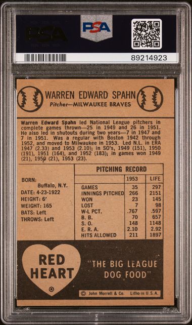 Warren Spahn 1954 Red Heart PSA 4
