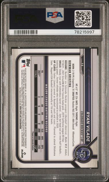 Ryan Vilade 2022 Bowman Chrome X Green X-Fractor rookie card #'d 30/31 PSA 10