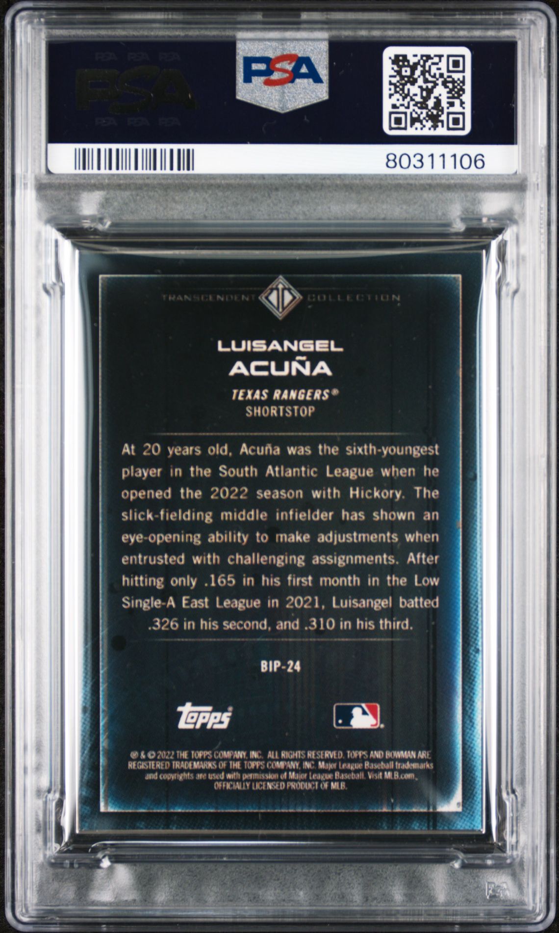 Luisangel Acuna 2022 Bowman Transcendent Collection Bowman Icons /50 Swinging PSA 9