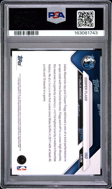 Cooper Flagg 2025 Topps Now 'Career High 49 pts Are Most By Teenager All-Time' RC PSA 10