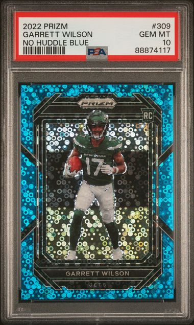 Garrett Wilson 2022 Prizm No Huddle Blue #'d 4/79 PSA 10