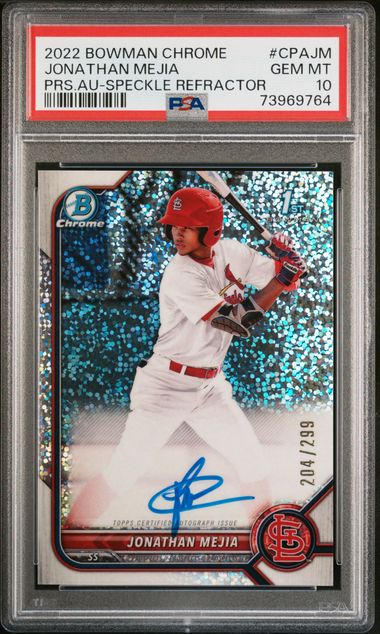 Jonathan Mejia 2022 Bowman Chrome 1st Bowman Speckle Refractor Autograph #'d 204/299 PSA 10