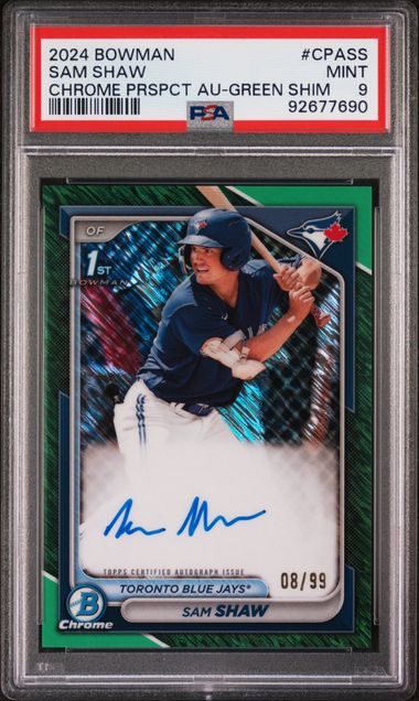 Sam Shaw 2024 1st Bowman Chrome autograph green ref. #'d 08/99 PSA 9