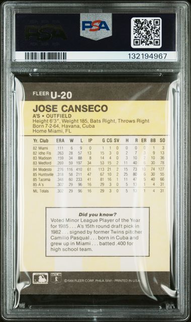 Jose Canseco 1986 Fleer Update Rookie #U-20 PSA 7