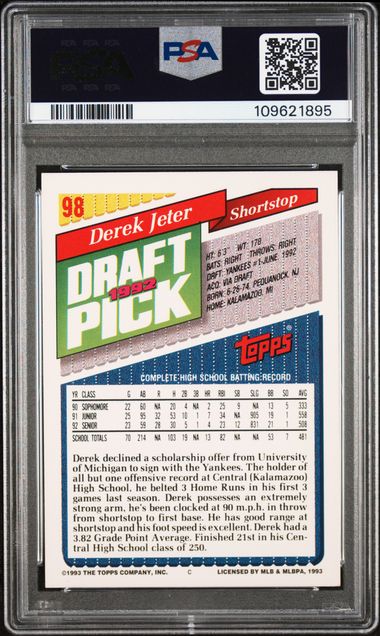 Derek Jeter 1993 Topps Draft Pick RC PSA 8