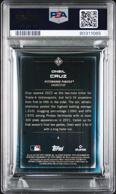 Oneil Cruz 2022 Bowman Transcendent Collection Bowman Icons /50 Swinging PSA 10