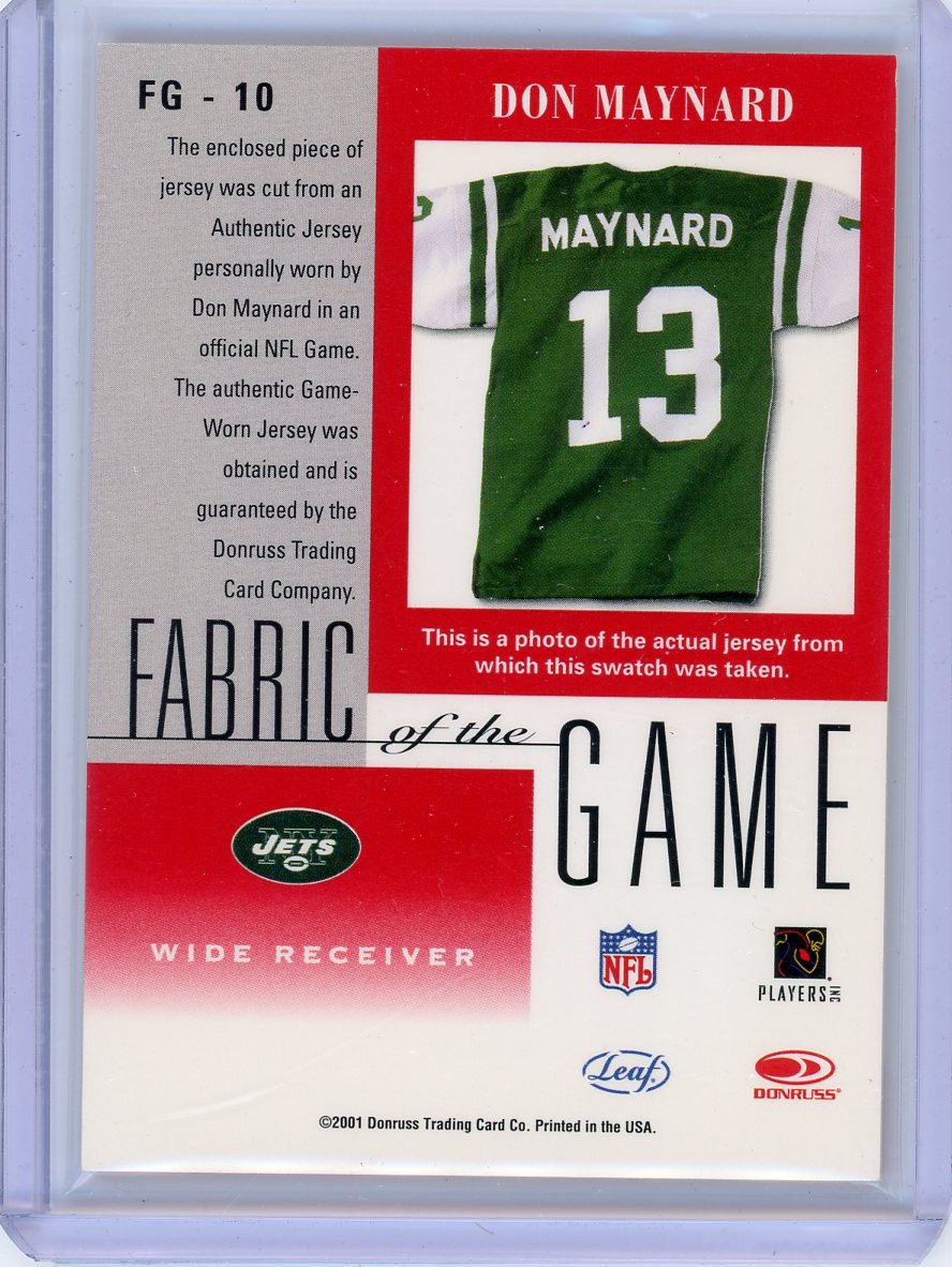 Don Maynard 2001 Donruss Leaf Certified Materials Fabric of the Game auth. game-worn jersey relic
