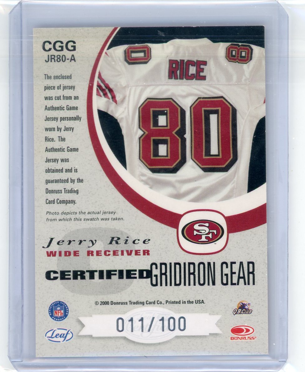 Jerry Rice 2000 Donruss Leaf Certified Gridiron Gear auth. game-worn jersey relic #'d 011/100