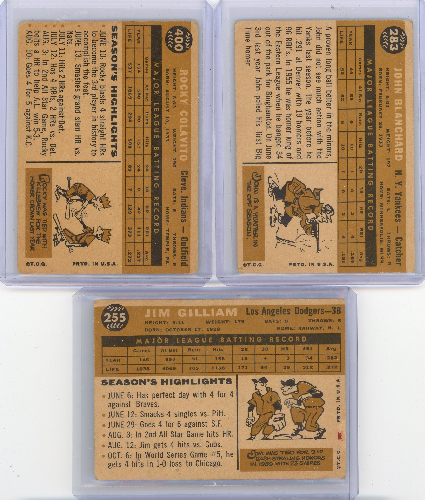 Jim Gilliam John Blanchard 1960 Topps + Rocky Colavito 1960 Topps 3-card lot