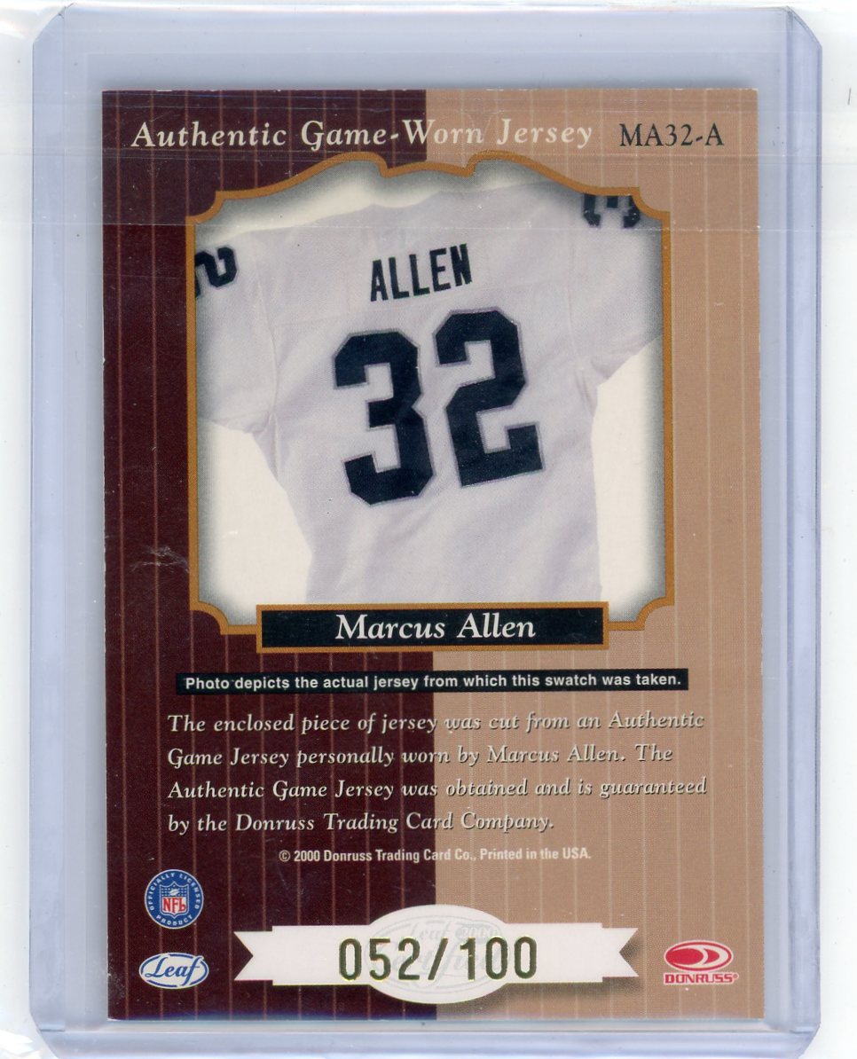 Marcus Allen 2000 Donruss Leaf Certified Heritage Collection auth. game-worn jersey relic #'d 052/100