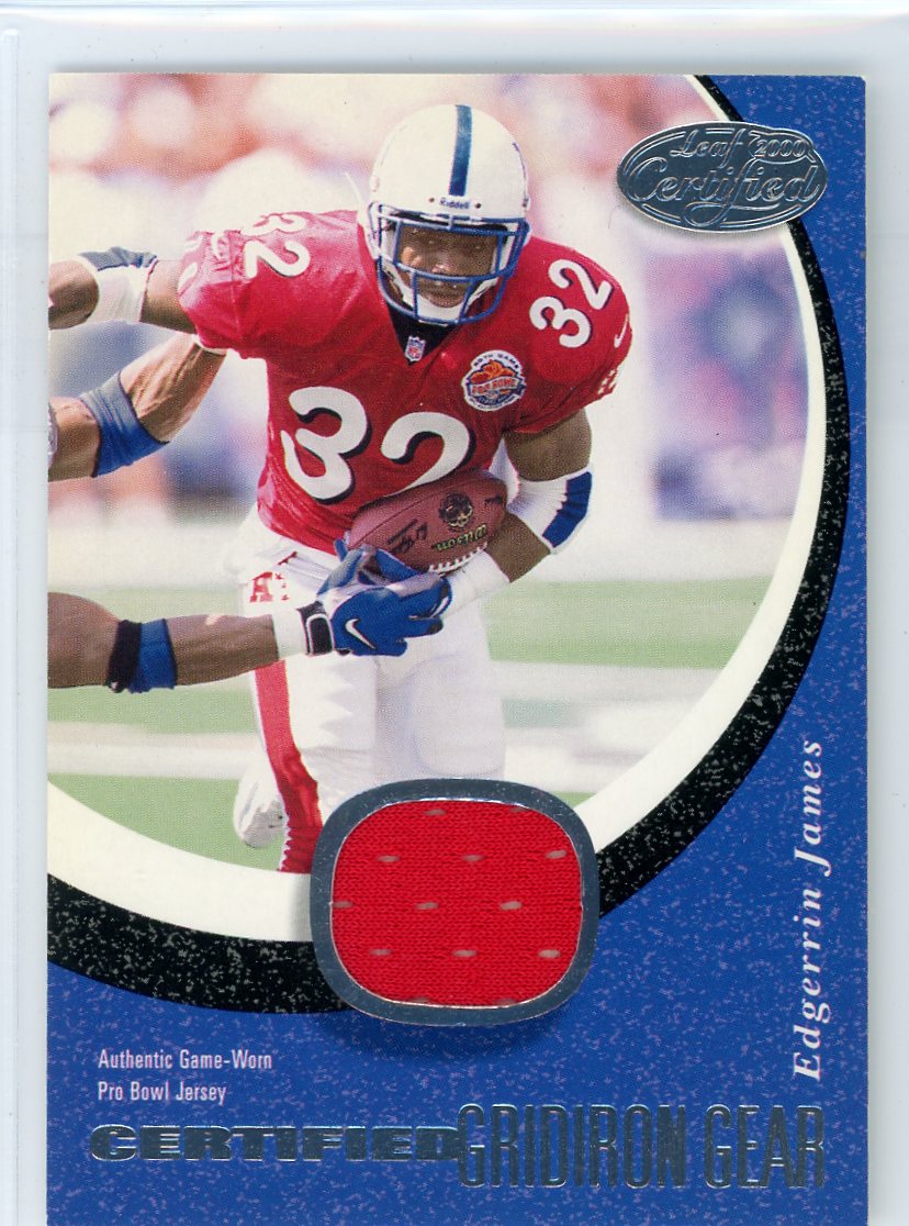 Edgerrin James 2000 Donruss Leaf Certified auth. game-used jersey relic #'d 104/300