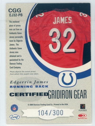 Edgerrin James 2000 Donruss Leaf Certified auth. game-used jersey relic #'d 104/300