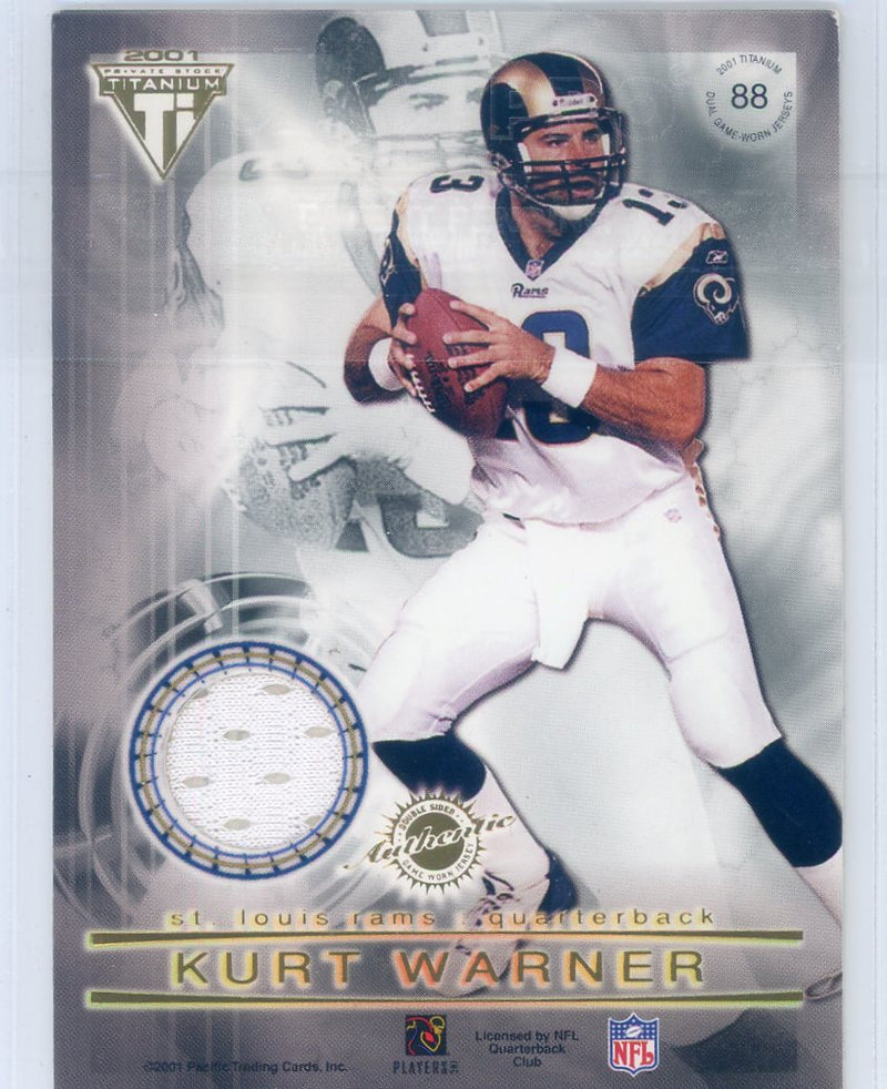 Brett Favre Kurt Warner 2001 Pacific Titanium dual auth. game-used jersey relic