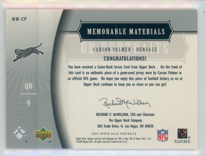 Carson Palmer 2005 Upper Deck Portraits Memorable Materials auth. game-used jersey relic