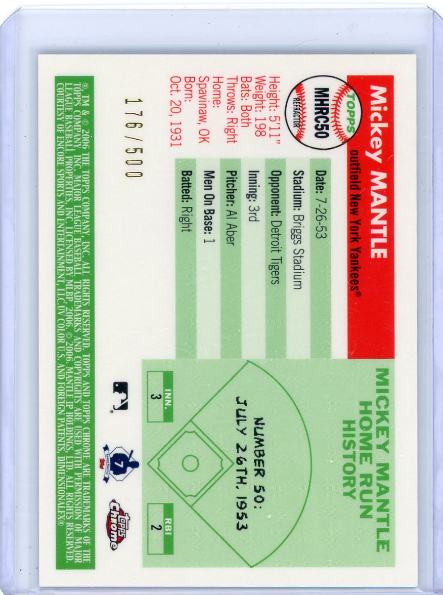 Mickey Mantle 2006 Topps Chrome #50 HR refractor #'d 176/500