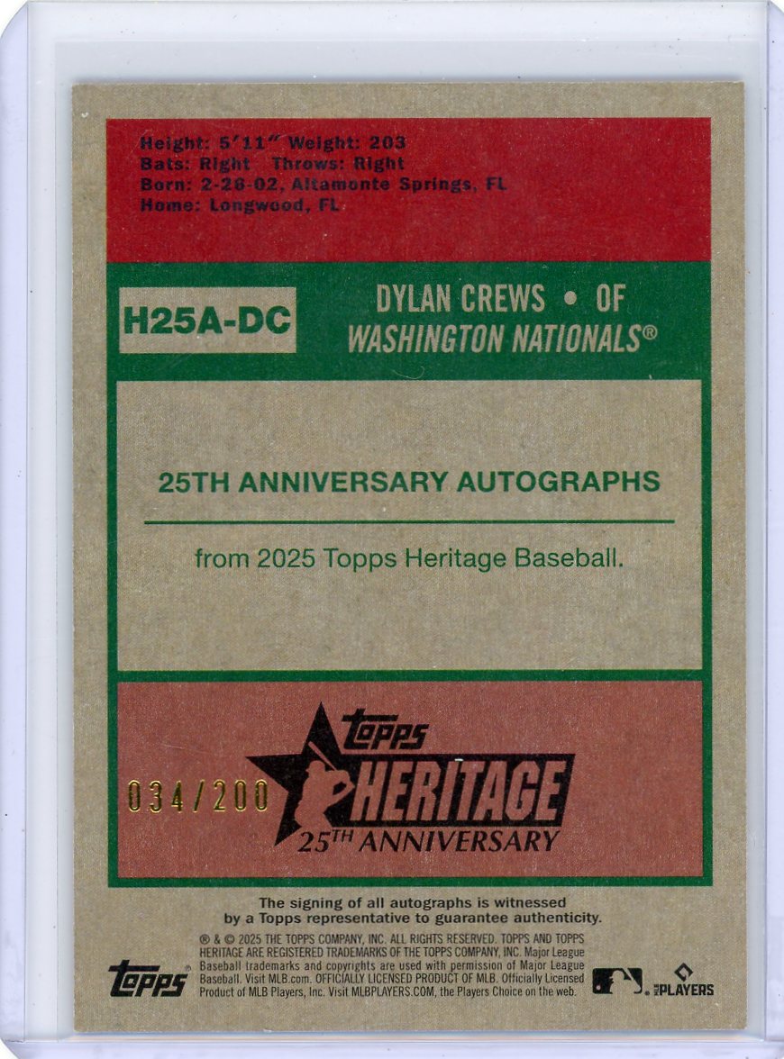 Dylan Crews 2025 Topps Heritage 25th Anniversary autograph rookie card #'d 034/200