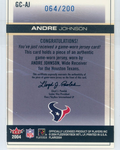 Andre Johnson 2004 Fleer Flair Gridiron Cuts auth. game-used jersey relic blue