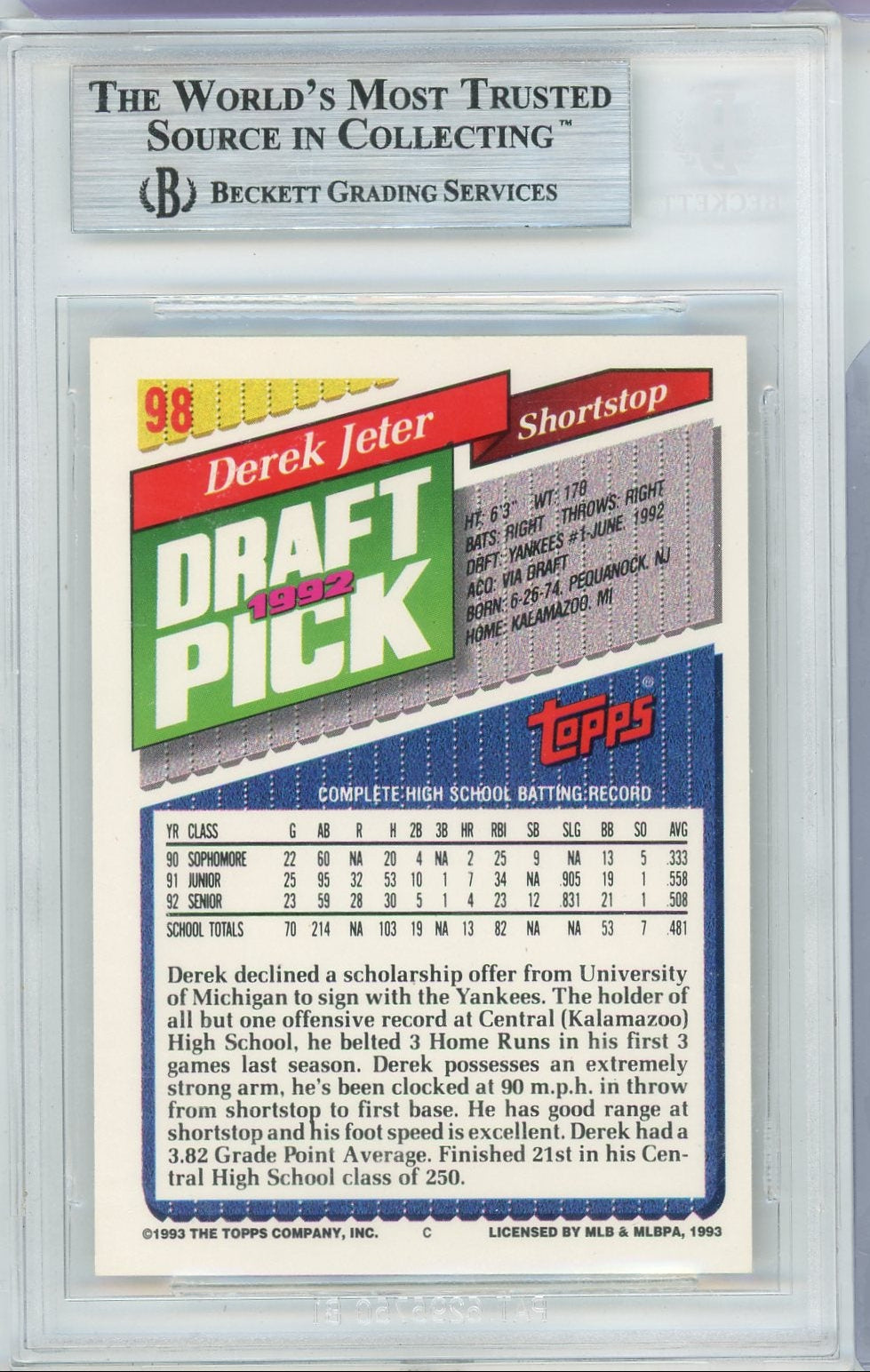 Derek Jeter 1993 Topps Gold RC BGS 9