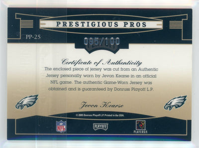 Jevon Kearse 2005 Donruss Prestige Prestigious Pros auth. game-used jersey relic #'d 095/100