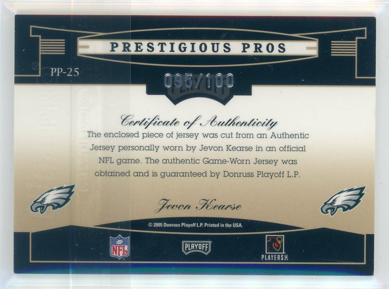 Jevon Kearse 2005 Donruss Prestige Prestigious Pros auth. game-used jersey relic 