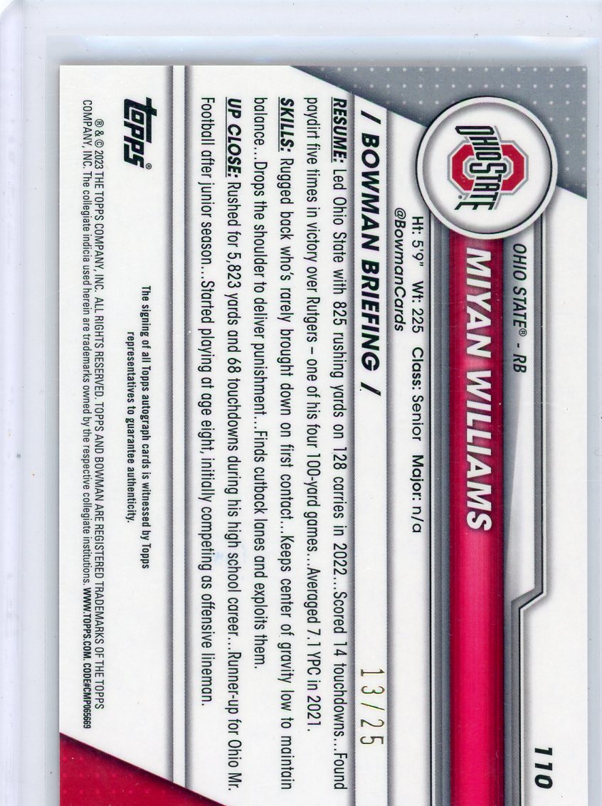 Miyan Williams 2023 Bowman Chrome University Football 1st Bowman Orange Shimmer Autograph #'d 13/25