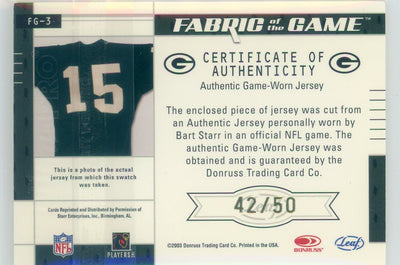 Bart Starr 2003 Donruss Leaf Certified Fabric of the Game auth. game-used jersey relic #'d 42/50