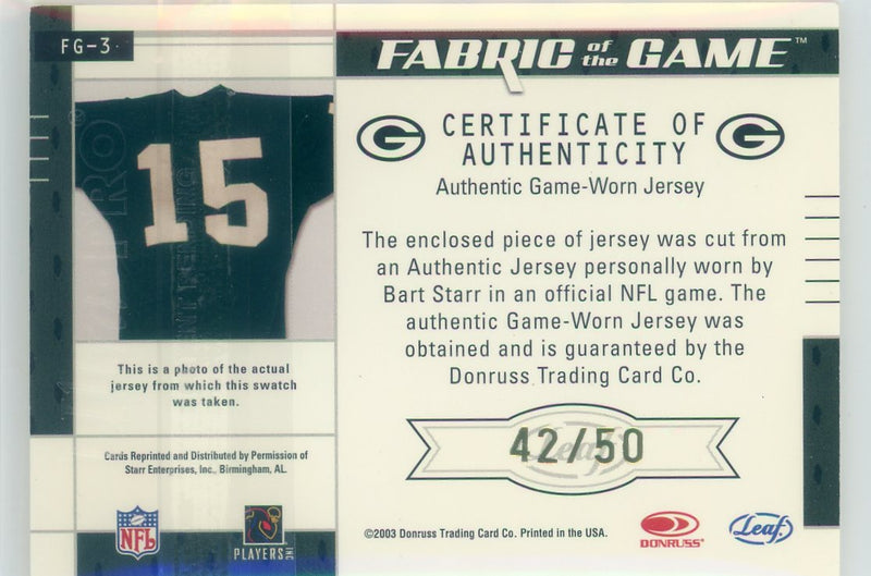 Bart Starr 2003 Donruss Leaf Certified Fabric of the Game auth. game-used jersey relic 