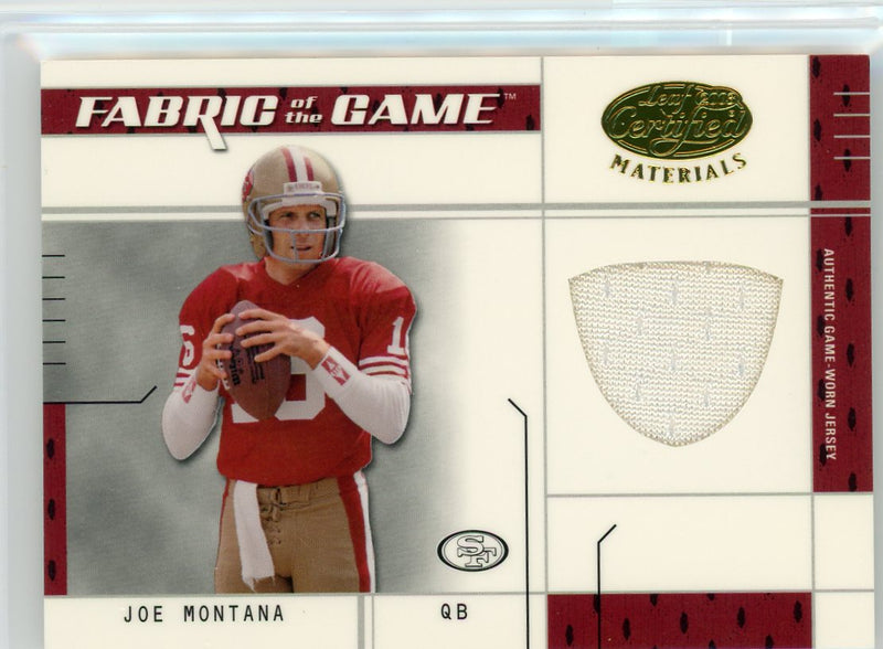 Joe Montana 2003 Donruss Leaf Certified Fabric of the Game auth. game-used jersey relic 