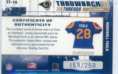 Marshall Faulk 2003 Donruss Elite Throwback Threads auth. game-used jersey relic #'d 159/250