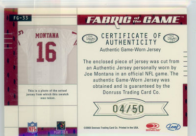 Joe Montana 2003 Donruss Leaf Certified Fabric of the Game auth. game-used jersey relic #'d 04/50